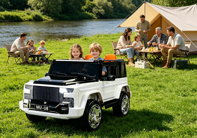A group of families were camping by the river, and two children were sitting in an electric toy car.