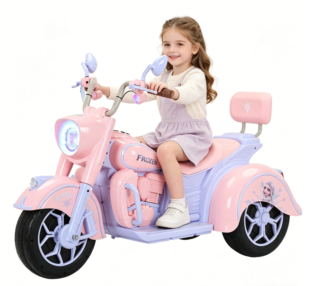 A little girl is riding a child's electric bicycle.